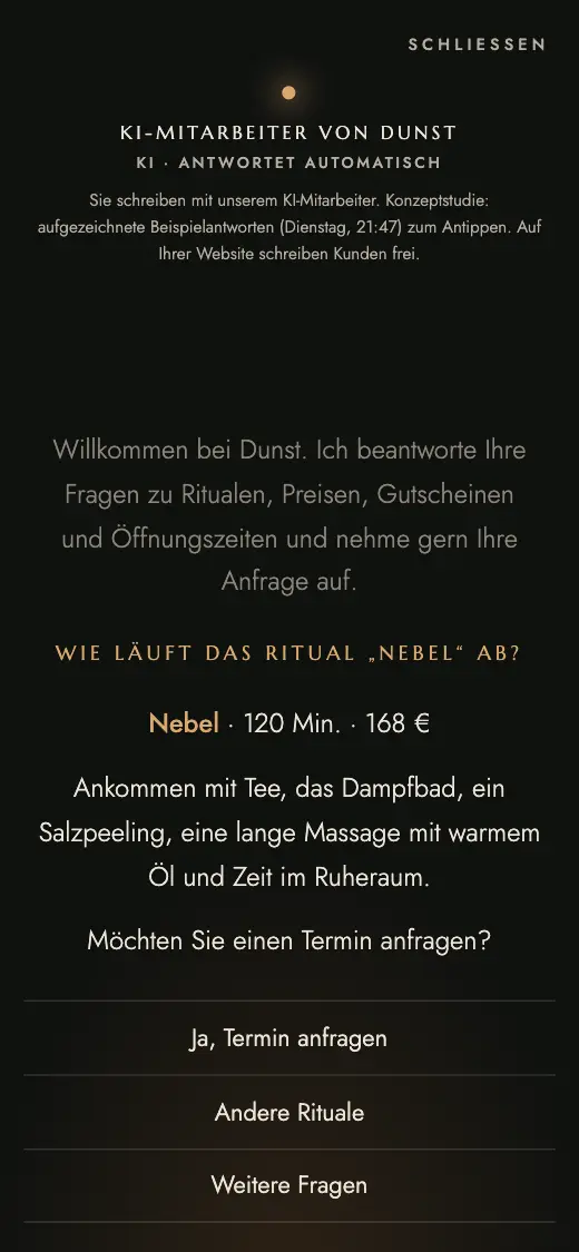 Der KI-Mitarbeiter der Konzeptstudie Dunst beantwortet eine Frage zu Preis und Dauer