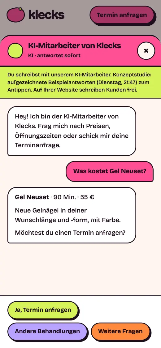 Der KI-Mitarbeiter der Konzeptstudie Klecks beantwortet eine Frage zu Preis und Dauer