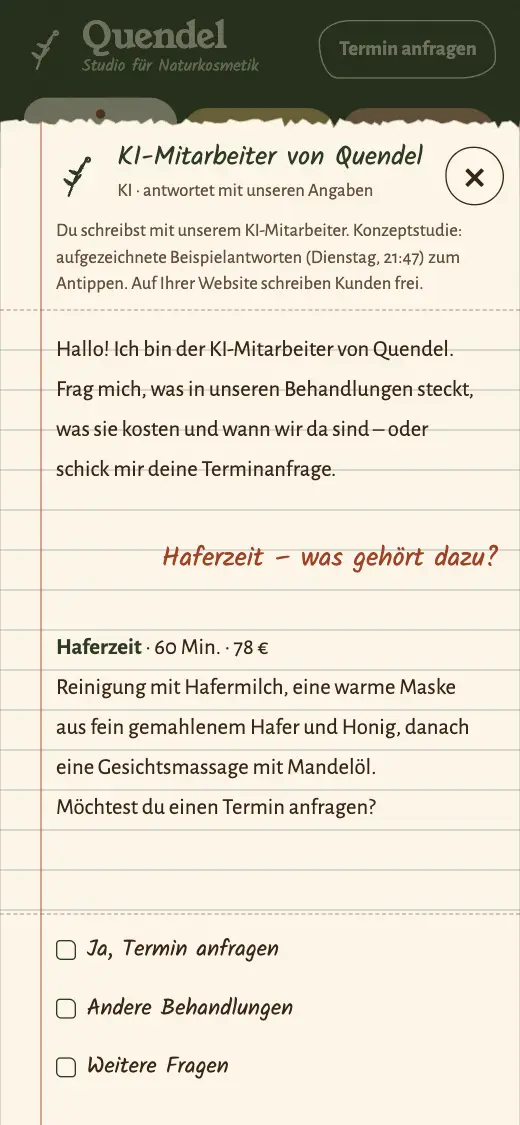 Der KI-Mitarbeiter der Konzeptstudie Quendel beantwortet eine Frage zu Preis und Dauer