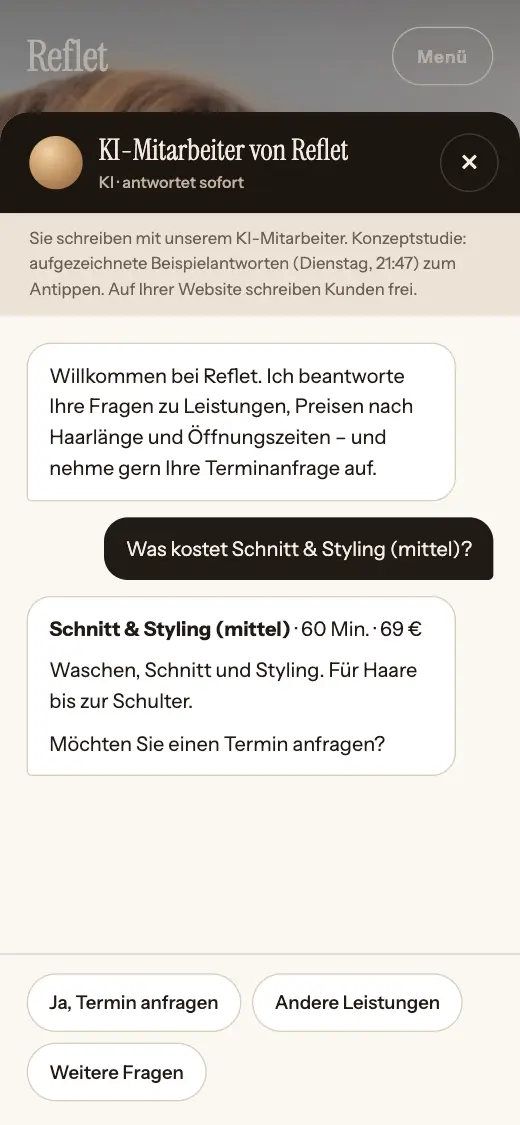 Der KI-Mitarbeiter der Konzeptstudie Reflet beantwortet eine Frage zu Preis und Dauer