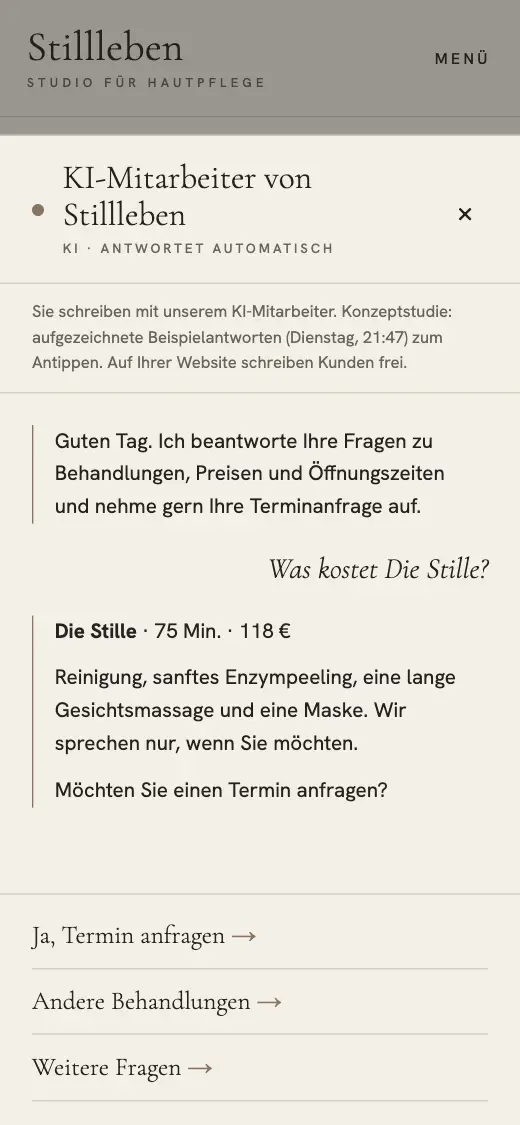 Der KI-Mitarbeiter der Konzeptstudie Stillleben beantwortet eine Frage zu Preis und Dauer